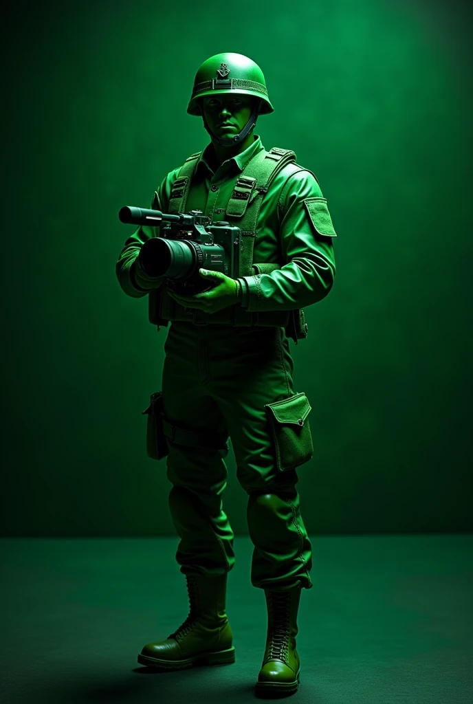 a plastic green army man, holding a professional video camera, dramatic lighting, cinematic, highly detailed, hyper realistic, 8k, photorealistic, masterpiece, award winning, cinematic composition, intricate details, striking color palette, dramatic shadows and highlights, volumetric lighting, impeccable lighting and rendering, crystal clear focus, mesmerizing depth of field, stunning visuals