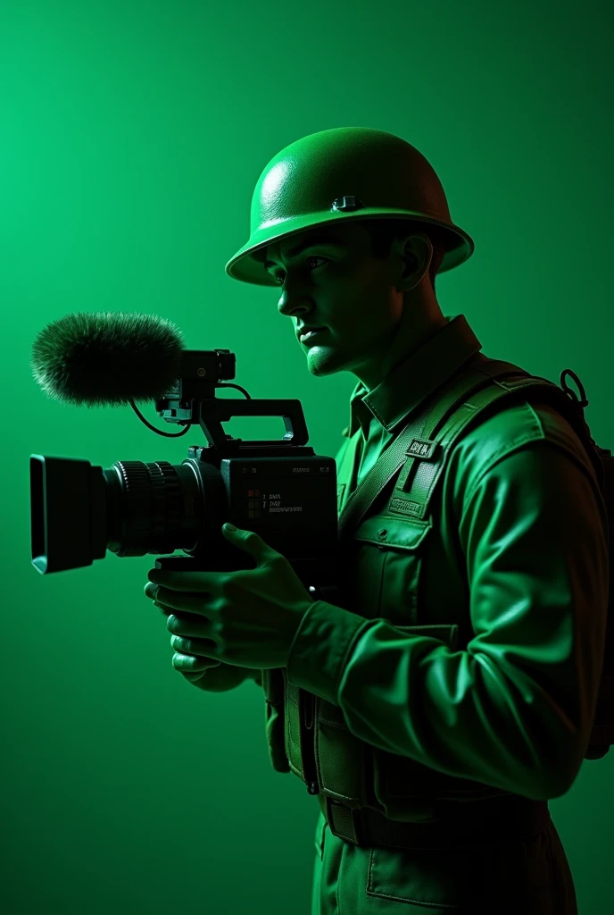 a plastic green army man, holding a professional video camera, dramatic lighting, cinematic, highly detailed, hyper realistic, 8k, photorealistic, masterpiece, award winning, cinematic composition, intricate details, striking color palette, dramatic shadows and highlights, volumetric lighting, impeccable lighting and rendering, crystal clear focus, mesmerizing depth of field, stunning visuals