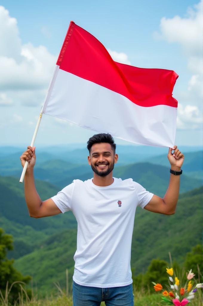 A 28 year old man of medium build, holding a red and white Indonesian flag