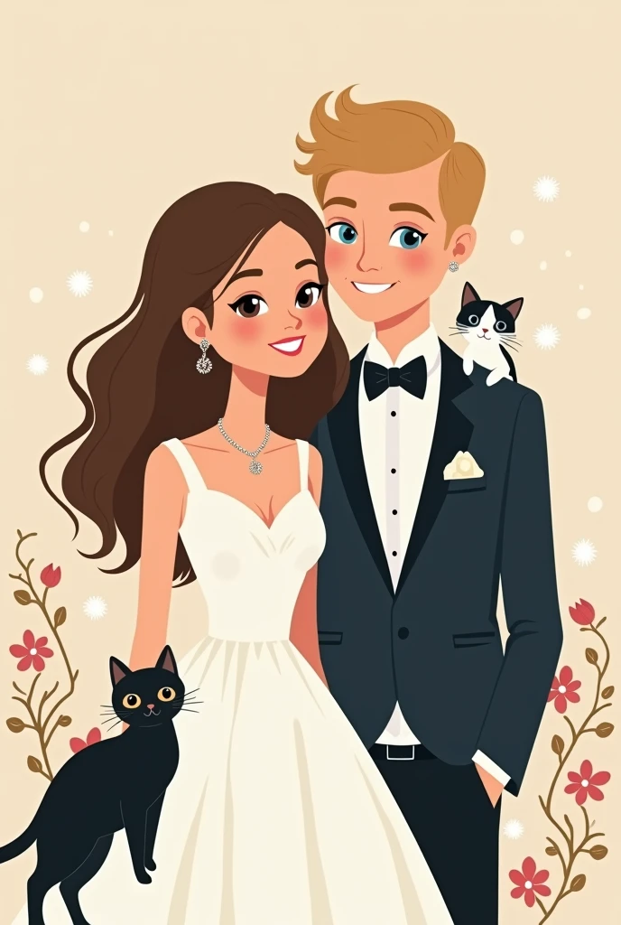 An elegant and creative illustration of a chic and minimalist wedding invitation. The design showcases a portrait of a radiant bride with sleek, wavy brown hair and captivating dark-brown eyes, and a dashing groom with voluminous, wavy blonde hair and mesmerizing blue eyes. Their elegance is further accentuated by their refined attire. The couple's two cherished cats at the corner, Ponyo, a noble, short haired black female, and Roku, a charming black and white male with a curious amber eyes, grace the corner of the invitation, adding an enchanting touch of whimsy and endearing charm.