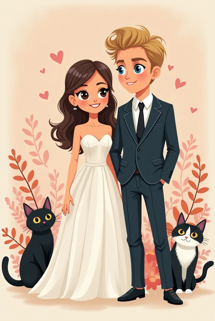 An elegant and creative illustration of a chic and minimalist wedding invitation. The design showcases a portrait of a radiant bride with sleek, wavy brown hair and captivating dark-brown eyes, and a dashing groom with voluminous, wavy blonde hair and mesmerizing blue eyes. Their elegance is further accentuated by their refined attire. The couple's two cherished cats at the corner, Ponyo, a noble, short haired black female, and Roku, a charming black and white male with a curious amber eyes, grace the corner of the invitation, adding an enchanting touch of whimsy and endearing charm.