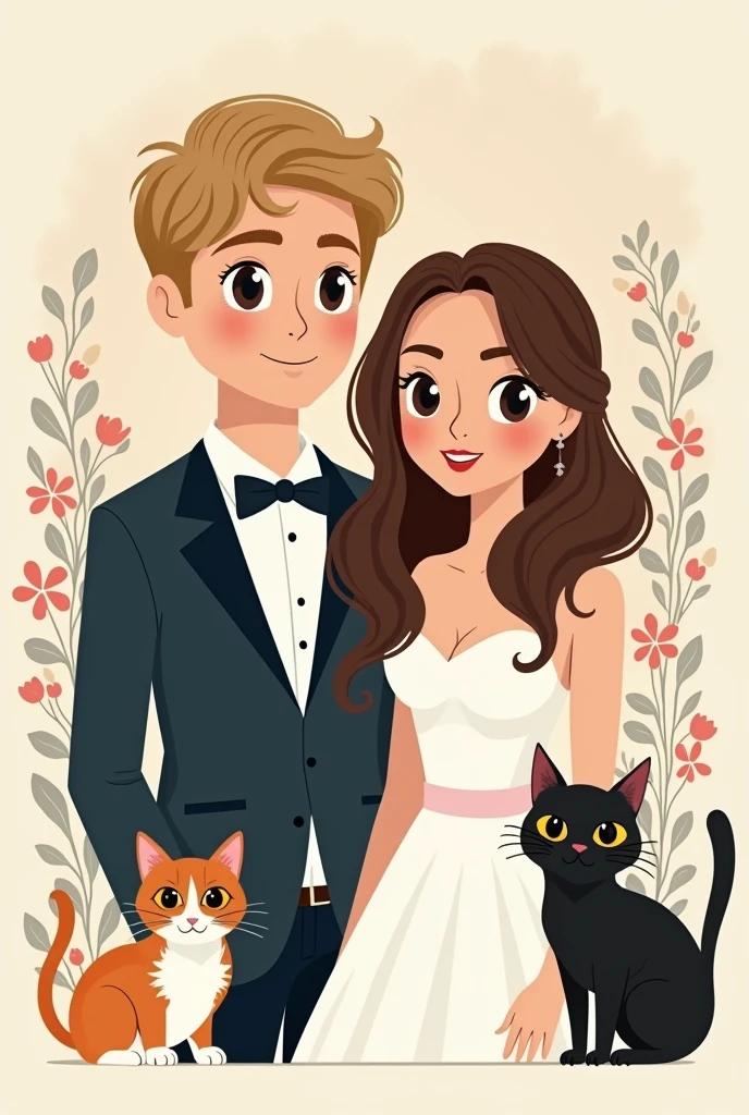 An elegant and creative illustration of a chic and minimalist wedding invitation. The design showcases a portrait of a radiant bride with sleek, wavy brown hair and captivating dark-brown eyes, and a dashing groom with voluminous, wavy blonde hair and mesmerizing blue eyes. Their elegance is further accentuated by their refined attire. The couple's two cherished cats at the corner, Ponyo, a noble, short haired black female, and Roku, a charming black and white male with a curious amber eyes, grace the corner of the invitation, adding an enchanting touch of whimsy and endearing charm.