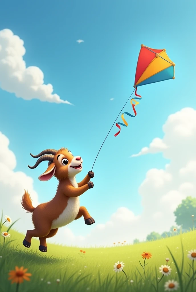 A realistic photo of a goat flying a kite 

