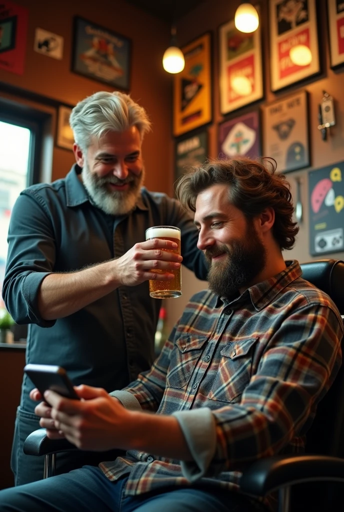 Bearded man, cuting the hair of a man playing videogame and drinks beer