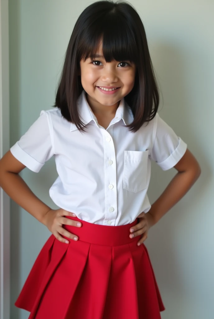 9 year old Indonesian girl wearing Indonesian elementary school uniform, white short sleeved shirt and very short red skirt, white thighs, very naughty facial expression, seductive and lewd facial expressions, lewd gazes, showing off smooth white thighs 