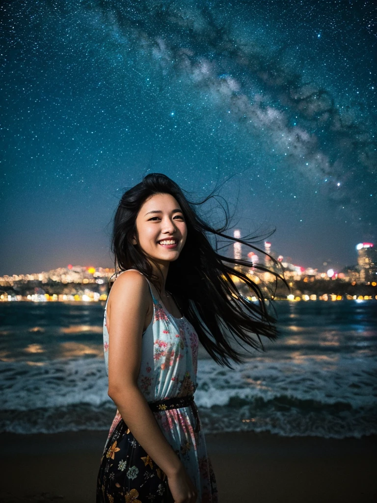 Night beach, long black hair, Japanese woman, starry sky, big smile, city lights in the distance