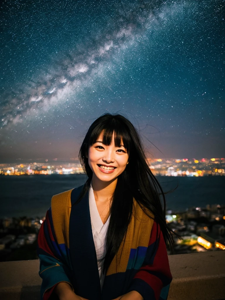 Night beach, long black hair, Japanese woman, starry sky, big smile, city lights in the distance