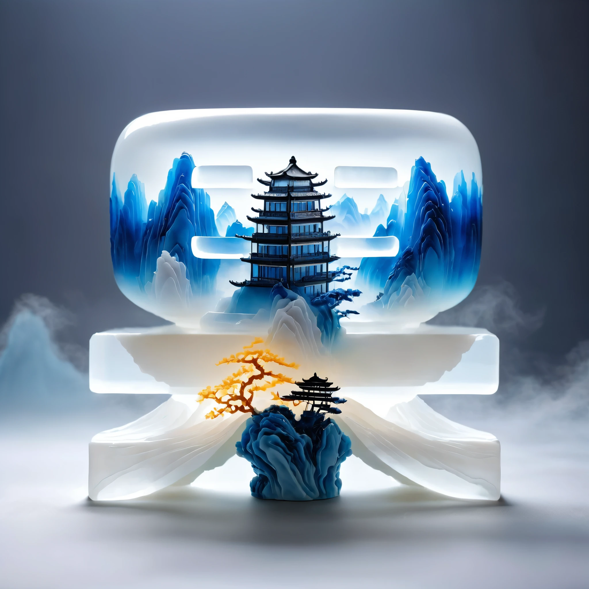 Micro landscape pattern carved on blue and white porcelain vase，Translucent glass material,Blue-white gradient,Traditional Chinese landscape painting,Abstract shapes,Minimalism,cave，3d。water vapor，White mist，Thick fog，