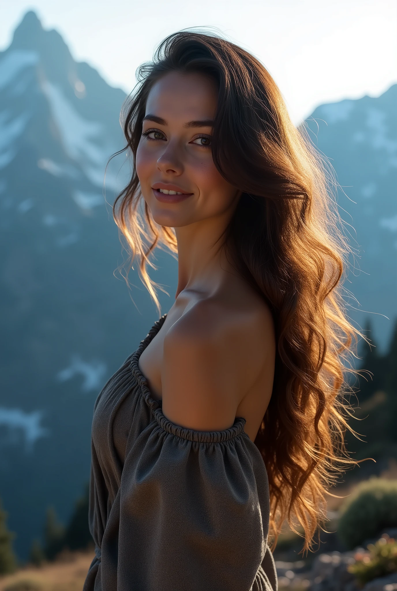 realistic:1.3), finely detailed, quality, Rembrandt lighting, (masterpiece:1.2), (photorealistic:1.2), (best quality), (detailed skin:1.3), (intricate details), dramatic, ray tracing, 1girl, very beautiful girl, long hair, 21 years old, (blue mountain) , (seductive smile :1.2)