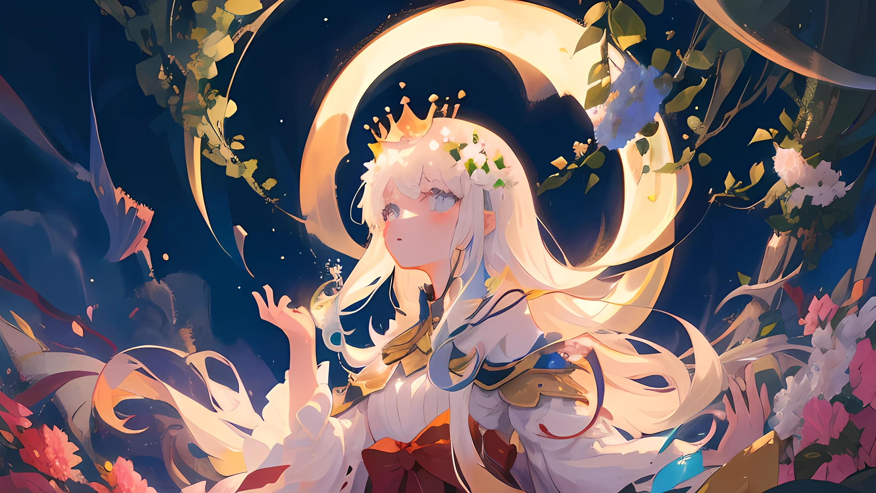 In the moonlight、A girl wearing a crown of evening primroses on her head、Looking up at the night sky。A group of evening primroses surround the girl.、A fantastic space spreads out。An illustration、pastel colour、Dreamy atmosphere