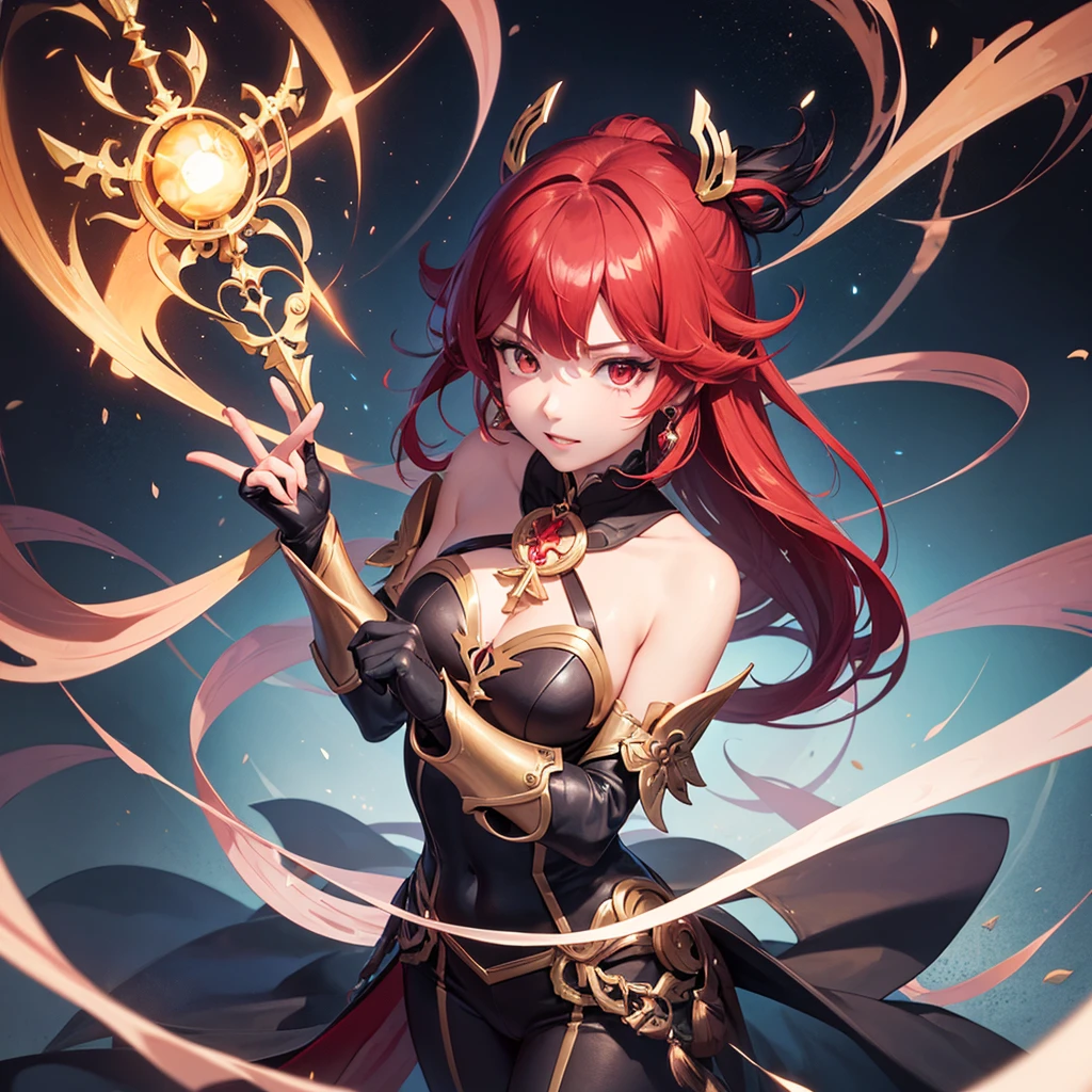 woman with long red hair and armor, red eyes, ayaka genshin impact, ayaka game genshin impact, zodiac knight girl portrait, female protagonist, Kushard Krenz key art feminine, valentine shuffle, genshin impact character, Genshin, That's Right, Artgerm and Ati Gairan, Portrait Knight Female,cowboy shot,(full body:1.5, 1 girl, solo focus)