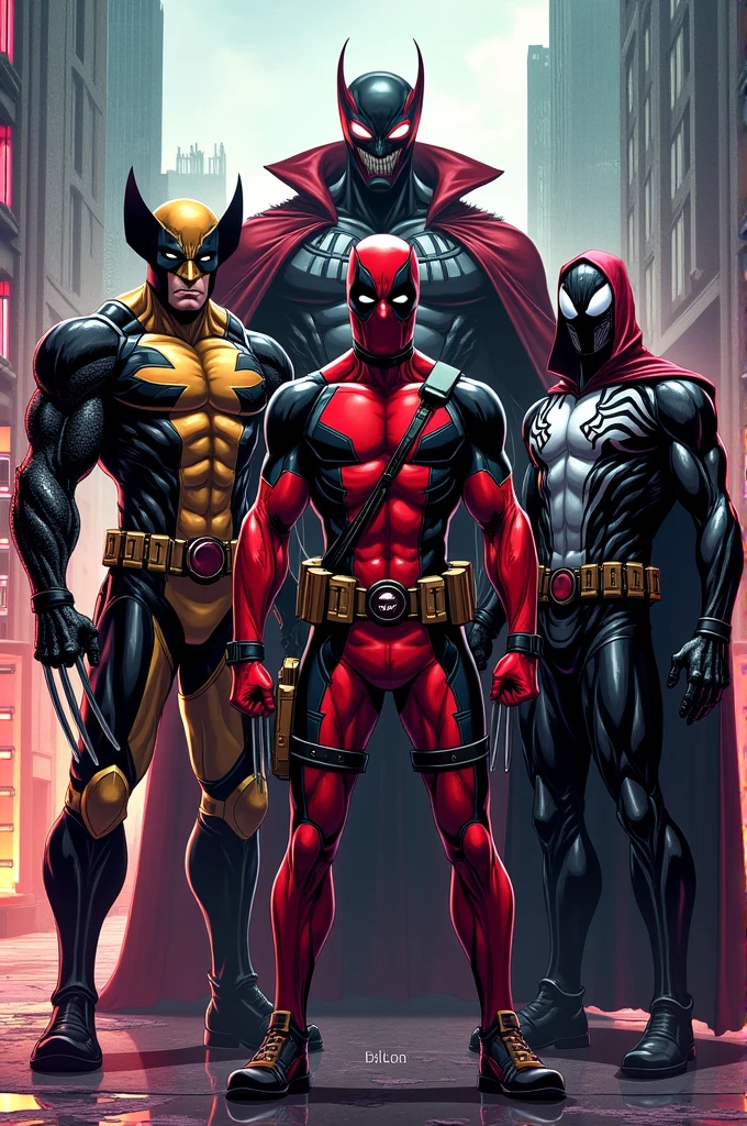 MUC character with Dr on the cover.doom/Wolverine/Dead Pool/Vemon/winter solider/Black, Red, Gold patterned clothing/5 characters stand in a row