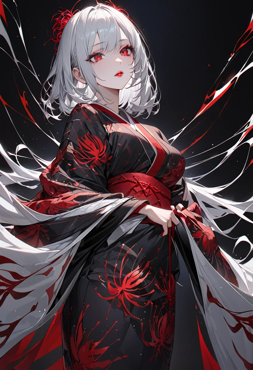 Wearing a kimono, White medium hair, Red eyes, Red lips, A kimono with red spider lilies painted on a black background, Red splash pattern on a black background, super high quality, Ultra-fine detail, Extremely thin handle, Anatomical correct