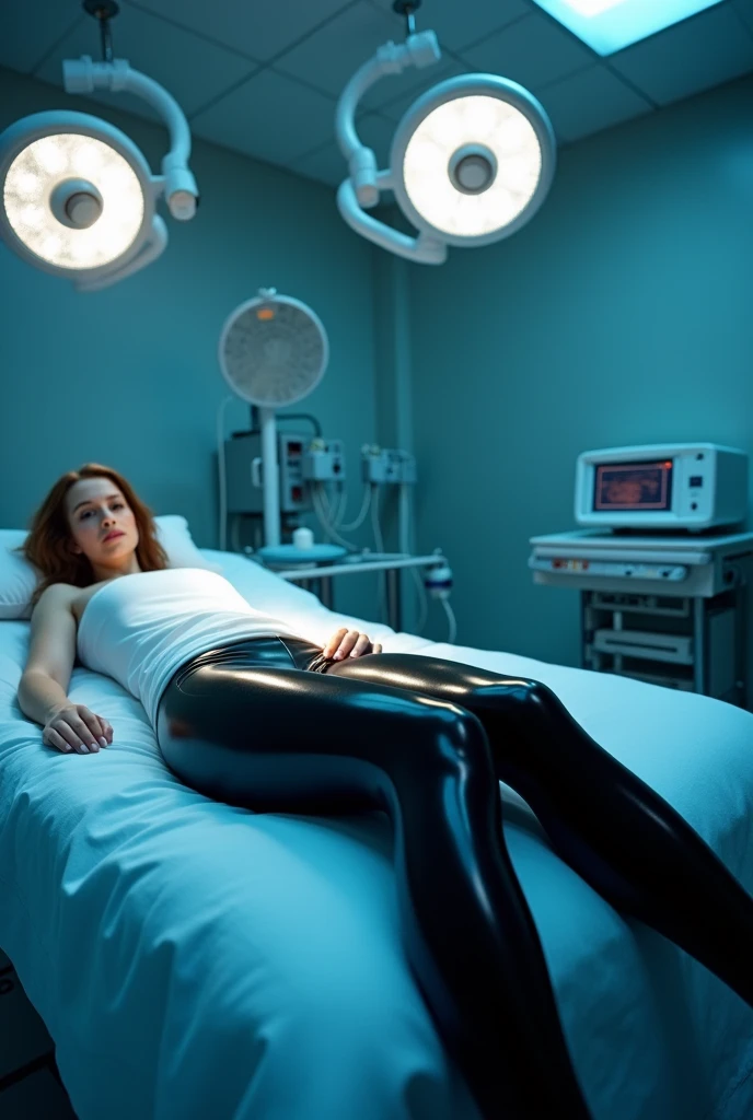 a slightly worried girl lies on a bed in the operating room in latex leggings