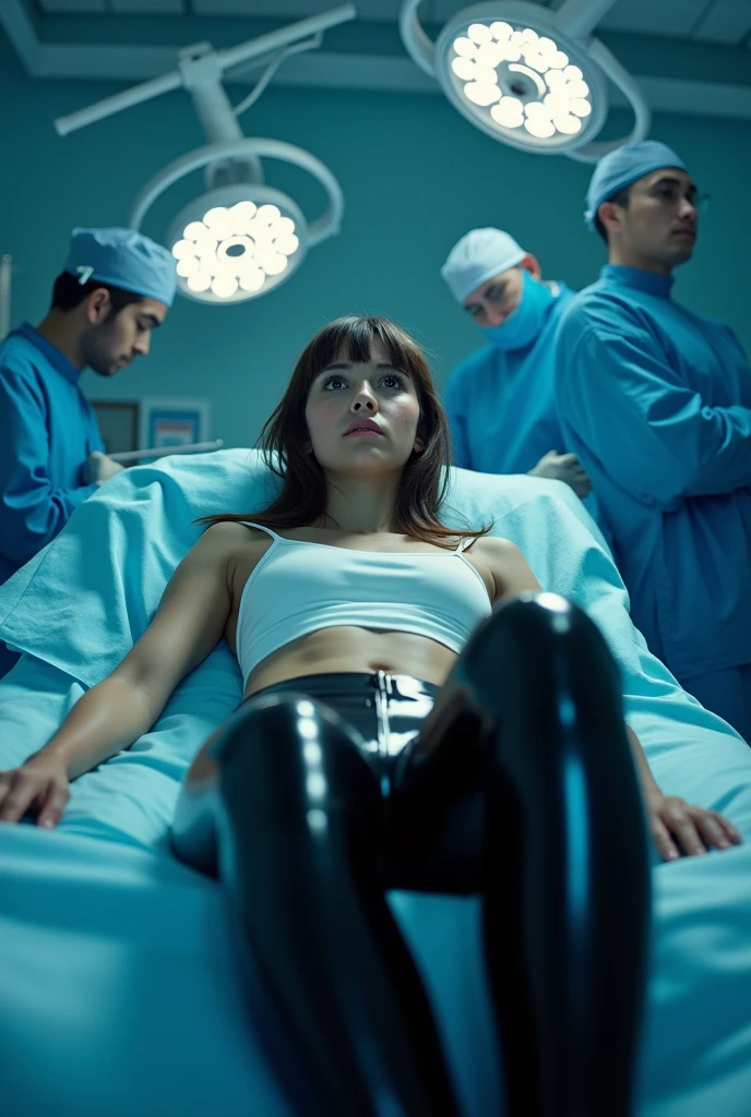 a slightly worried girl lies on a bed in the operating room in latex leggings