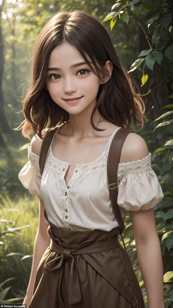 A delicate depiction focusing on a close-up of a smiling face"A single female character in a medieval style. She has short, shoulder-length hair. She has a youthful appearance, looking like she is in her late teens, but is in fact 30 years old. She has a bright, lively attitude, with an energetic, cheerful expression. Her face has an androgynous feel, almost boyish, with soft, youthful features. Her hair is short and practical, with a natural brown color. She is slender, with a small chest and short stature. Her outfit is practical and resembles that of a country boy, consisting of shorts and a simple shirt, in a natural earth color palette. The background should be a lush, forested landscape. The background should be strongly blurred."