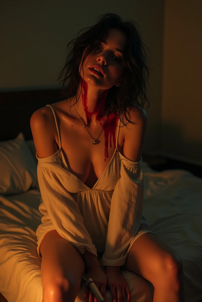 (photorealism:1.2), beautiful woman, sitting on bed, wearing loose off-shoulder top, holding knife. Bloodied and wounded, gore, injured neck, crying in pain, warm colors, horror