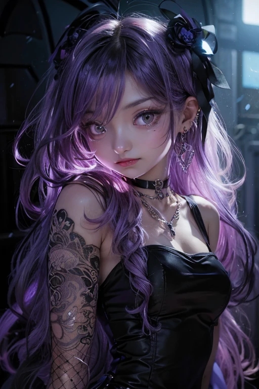 a girl with long purple hair and black dress with necklace