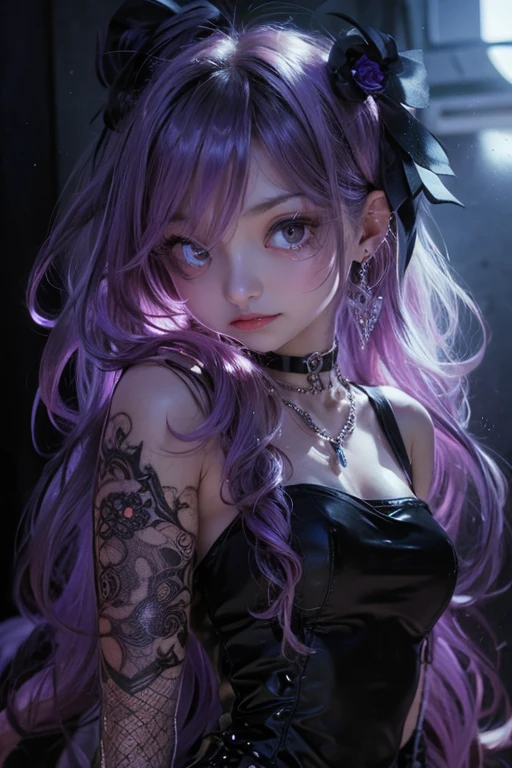 a girl with long purple hair and black dress with necklace