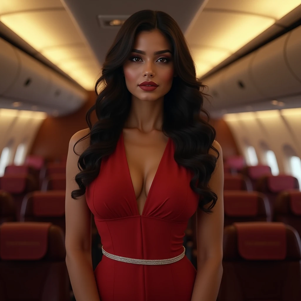 a beautiful busty indian airhostess in a tight dress, long wavy hair, detailed eyes and lips, wearing a waist chain around her navel, highly detailed, photorealistic, 8k, cinematic lighting, dramatic coloring, intricate details, breathtaking realism
