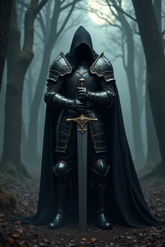 the Knight in black armor, Stab the two-handed sword into the ground, Hold the hilt of the sword with both hands, Black Cape,Otherworldly Armor,Gold color line,Night Forest,fog,Cloak fluttering in the wind,(Wear a black robe over your armor). wearing a hood. 