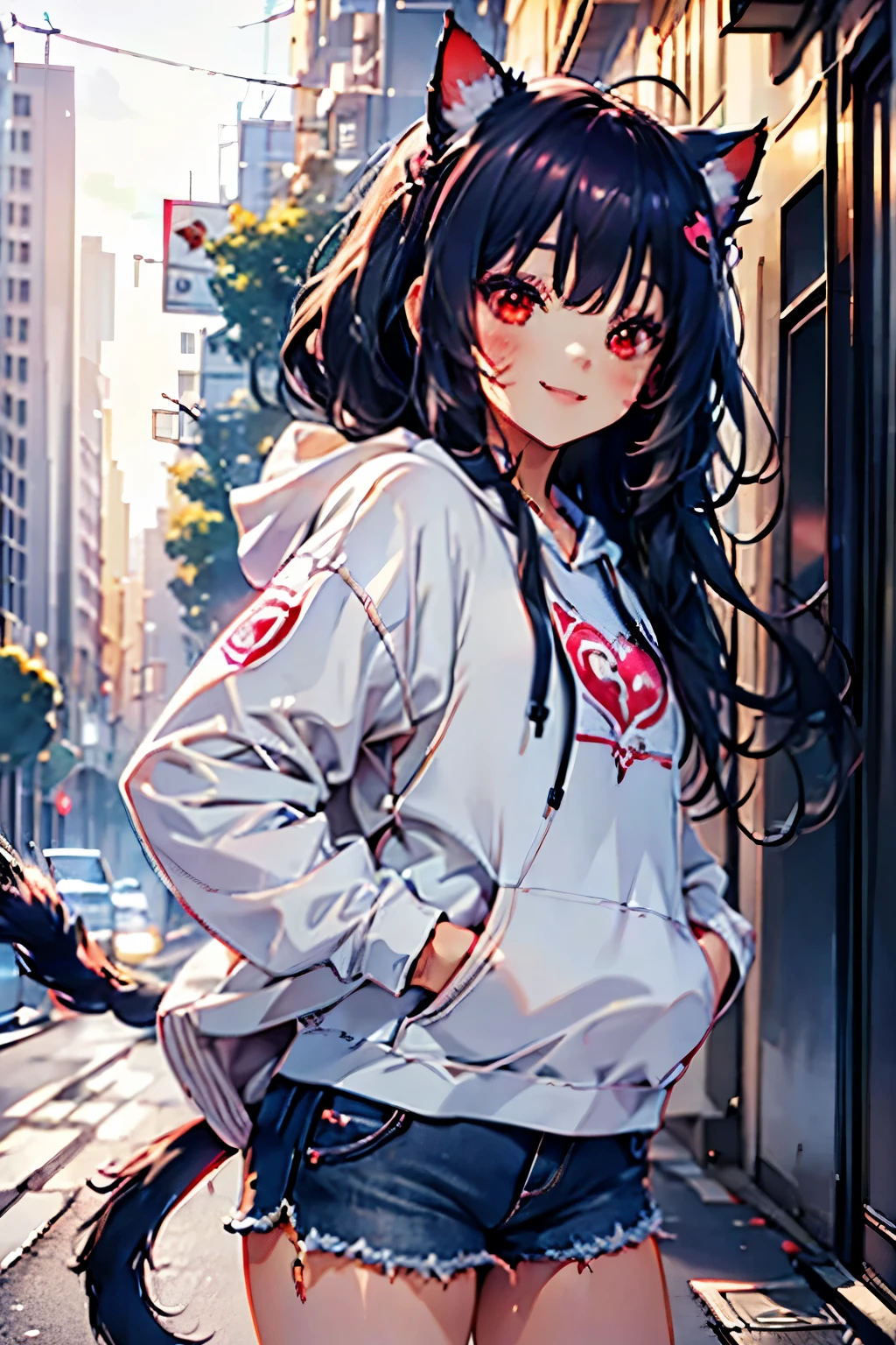 junkotvv wearing a casual light grey hoodie,short jeans, beautiful detailed red eyes, smiling face, cat ears, longeyelashes, her tails forming a heart shape behind her, standing on a sidewalk, sun shining, vivid colors, photo-realistic, portraits, medium:illustration. (best quality,ultra-detailed,HDR,colorful vivid appearance,studio lighting)