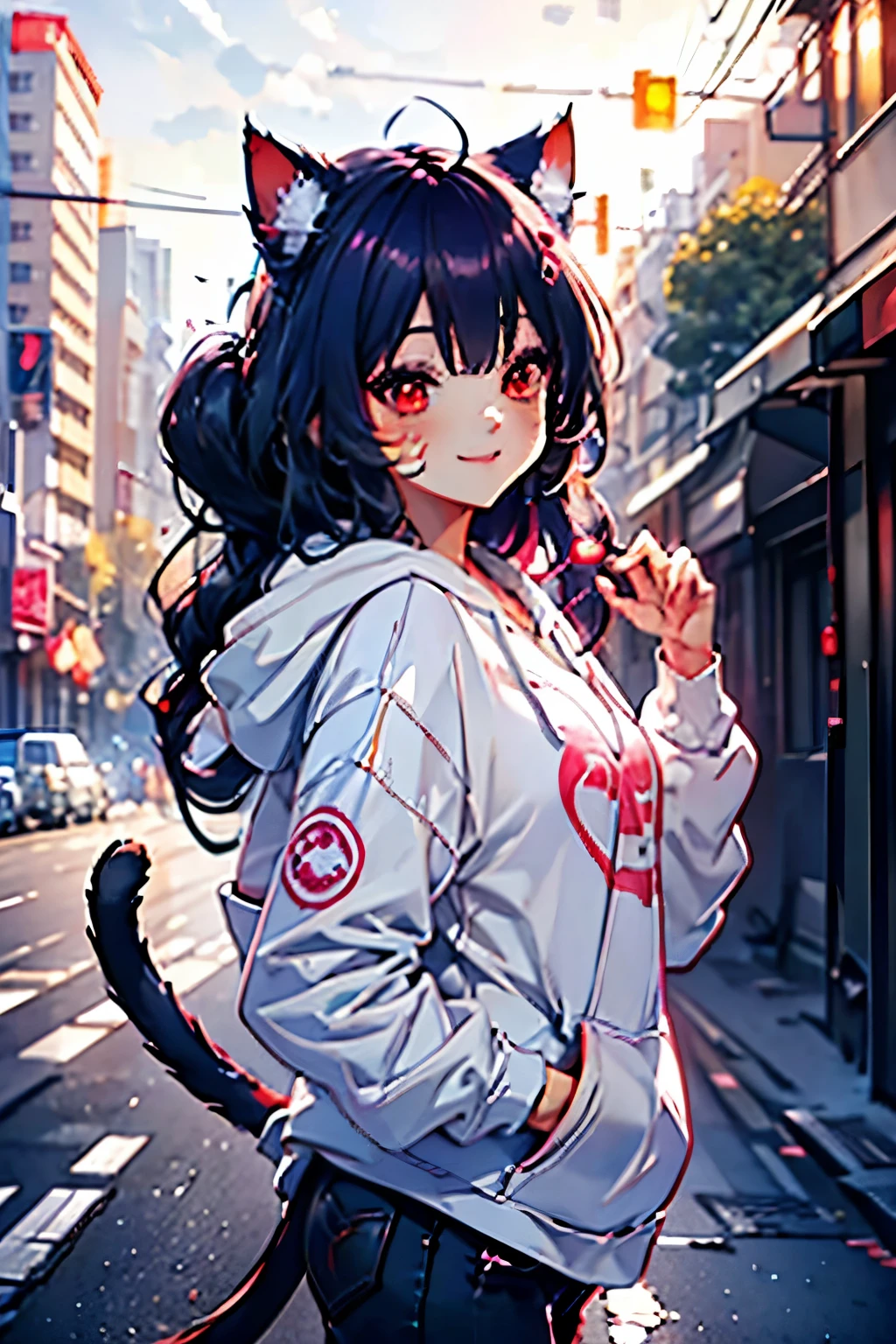 junkotvv wearing a casual light grey hoodie,short jeans, beautiful detailed red eyes, smiling face, cat ears, longeyelashes, her tails forming a heart shape behind her, standing on a sidewalk, sun shining, vivid colors, photo-realistic, portraits, medium:illustration. (best quality,ultra-detailed,HDR,colorful vivid appearance,studio lighting)