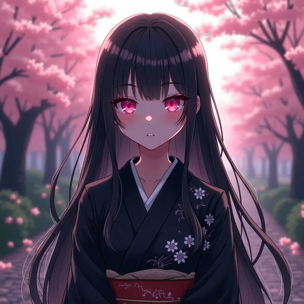 Long black hair with light shining from above, One person, bangs, Pink Eyes, Close your mouth, Anime Style, Black kimono