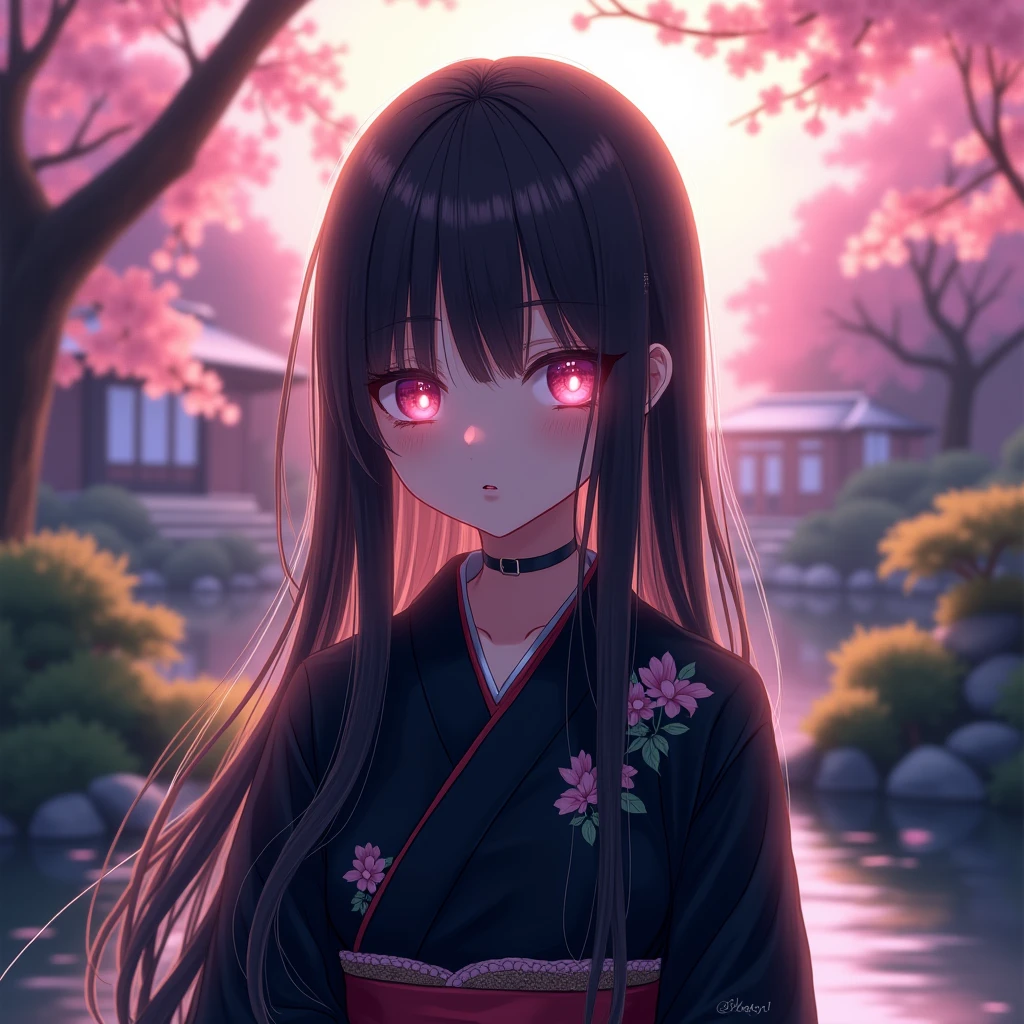 Long black hair with light shining from above, One person, bangs, Pink Eyes, Close your mouth, Anime Style, Black kimono