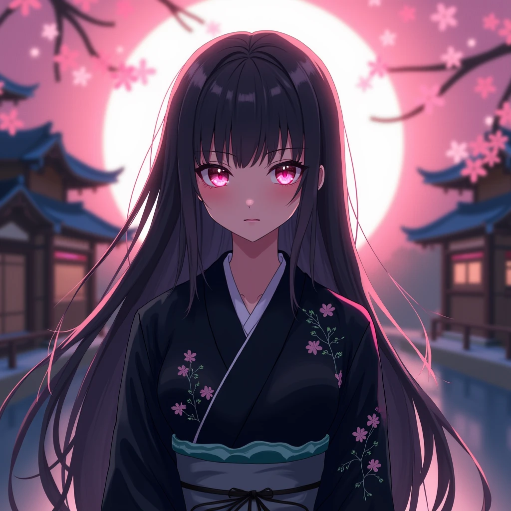 Long black hair with light shining from above, One person, bangs, Pink Eyes, Close your mouth, Anime Style, Black kimono