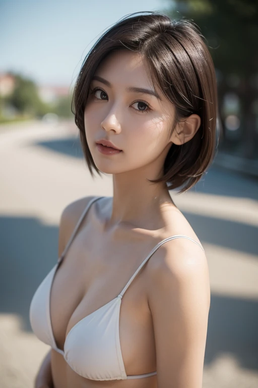 A hyper-realistic, photo-like image taken from a extreme low-angle shot from the ground up, capturing the upper body of a person from the waist up. From below, 1 Japanese (flat chest:1.4) woman wearing micro bikini, short brown hair. The perspective emphasizes the underside of the chest, with detailed textures in the skin, clothing, and shadows. The lighting is natural, with soft shadows highlighting the contours of the chest. The background is out of focus, ensuring the focus remains on the person from this dramatic, upward-looking viewpoint.