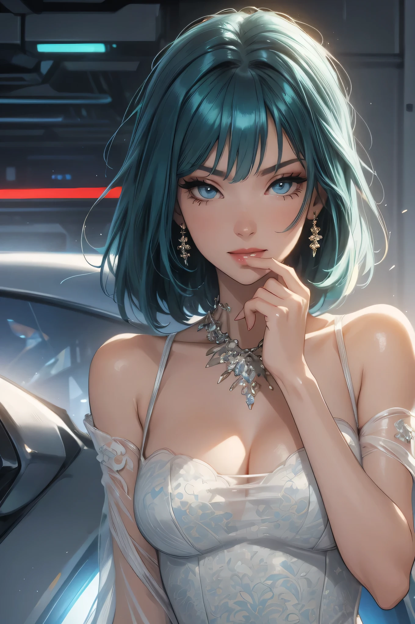 1girl,a beautiful fashion model ,(masterpiece, detailed background, best quality),short and shiny hair, blue green hair, hair with highlights, bangs, smirk,juicy lips,red lips, calmart, lingerie, stripping, elegant makeup, blue eyes, full body shot, (shiny skin), cyberpunk, sci fi, boa, extravagant jewelry, cocky expression, covered in jewelry, fancy, white dress, ((hand covering mouth, smug, discrete laughter)),