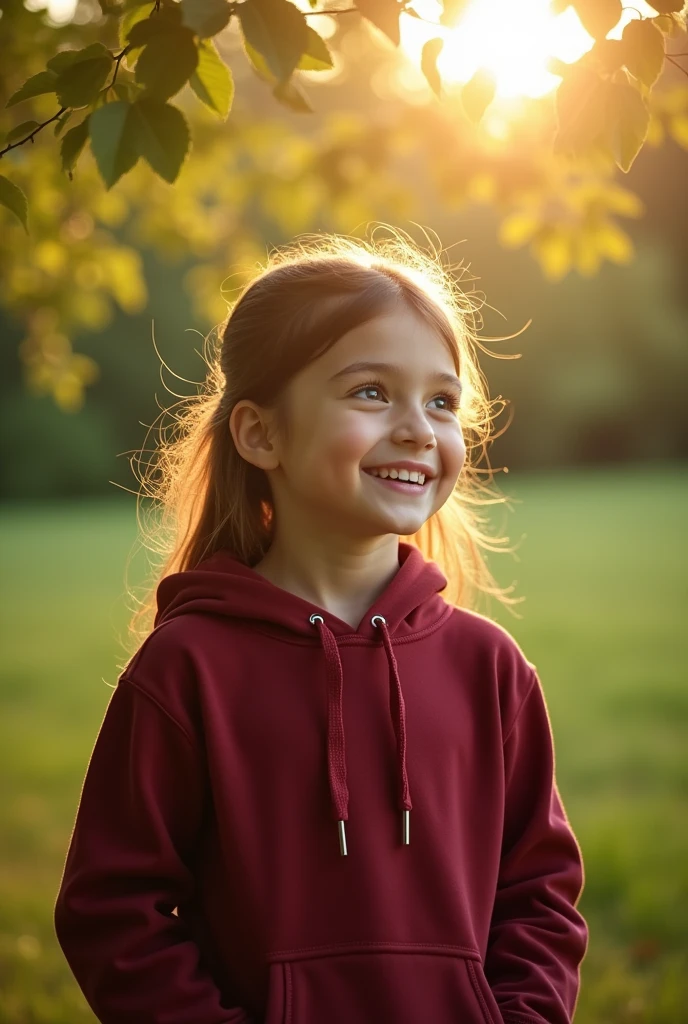 masterpiece, best quality, ultra detailed, highest resolution, photo, realistic photo, award winning photo, 1 girl, wearing Wine Red Drawstring Hoodie, outdoor, perfect lighting, full HD