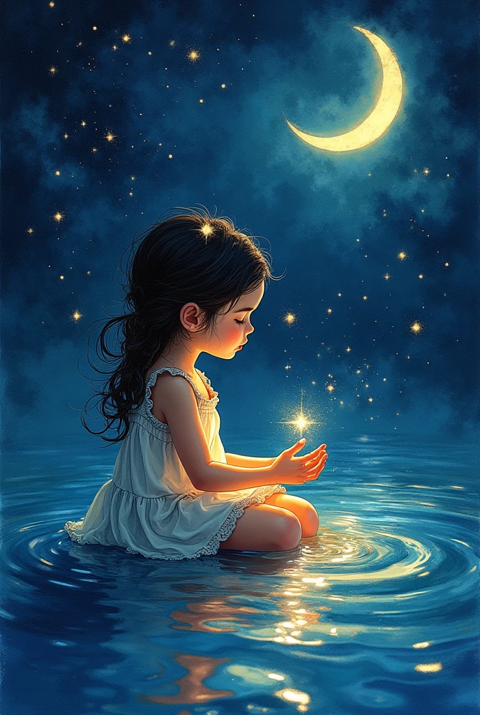 Ink portrait of a cute sad and lonely girl who has plucked one star from the night sky and is holding it in his hands." gentle ethereal glow, sparks, vibrant colors, magical, dreamy, fantasy garden, whisps, mystcal, fog. By Kim Keever, Antoine Collignon, Wadim Kashin, Tim Burton and Peter Mohrbacher. volumetric lighting, realistic, divine composition; dynamic lighting, meticulously composed, concept art, hyperrealistic, stars, masterpiece, digital illustration, UHDlunar luminescent young girl holding a dainty glowing moon on lap. Girl is sitting down on ocean water surface. Liquid silver ripples reflecting the , cosmic star night background, night time, Jean-Baptiste Mong style,Sitting on the crescent moon, in the style of Fibonacci. Drifting into dreams. Hanging stars.