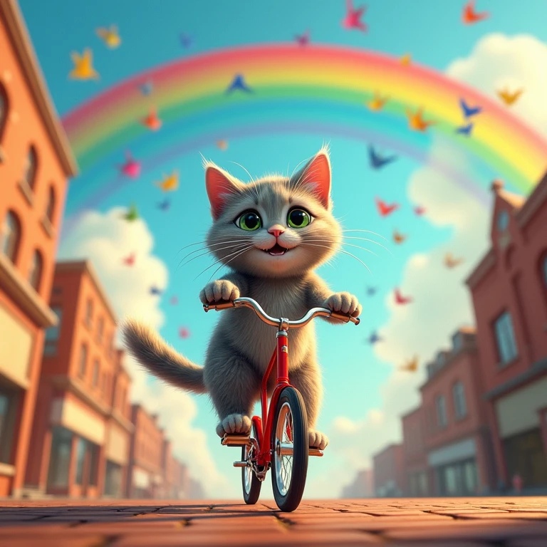 bicycleに乗る猫、Brick-built streetscape、The sky has a large rainbow arch、There are many birds flying in the sky、blue sky、bicycle、猫は楽しそうにbicycleを運転している、