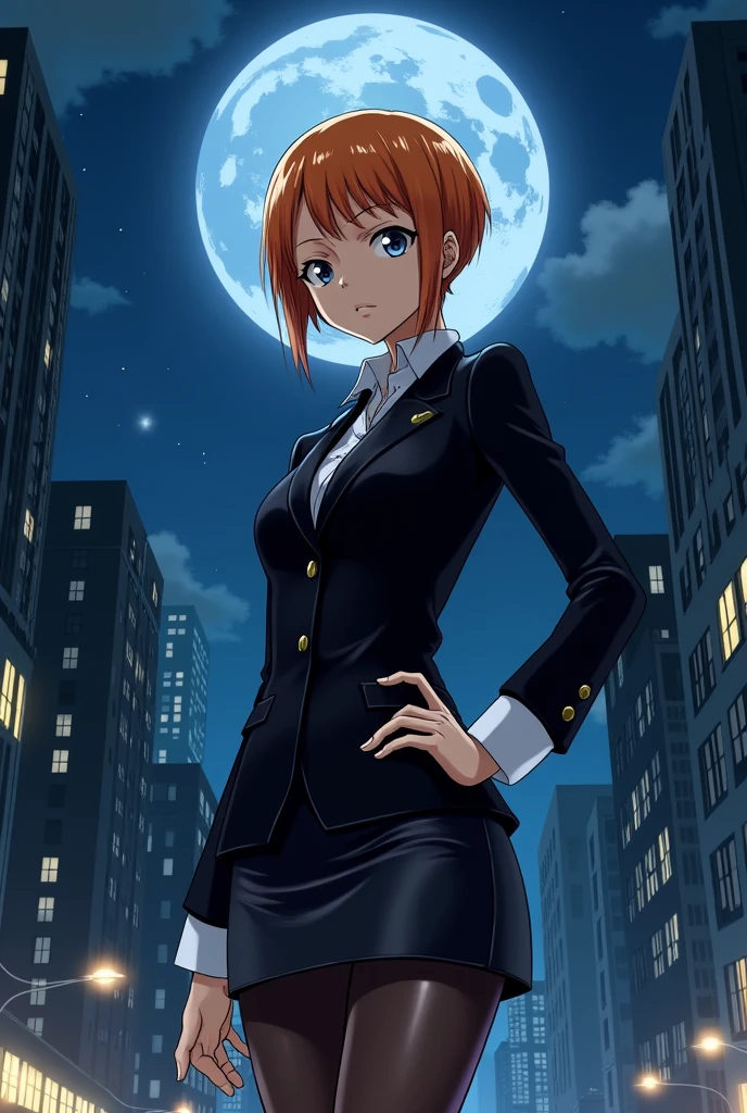 Generate the image of Nami from One Piece full body, with the short hair she wore in the first episodes of Obe Piece, dressed as a secretary in a leather suit, the suit consists of a black leather miniskirt with a belt, a black leather buttoned secretary blazer, under the buttoned blazer, must be wearing a long-sleeved white shirt (The white cuffs of the shirt should stand out a little) black patent leather platform heels, wearing dark stockings, standing full body in the middle of the night.