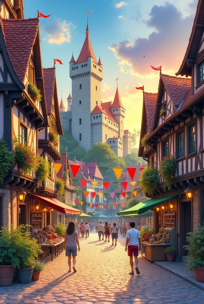 watercolor、Medieval streetscape、Castle visible in the distance