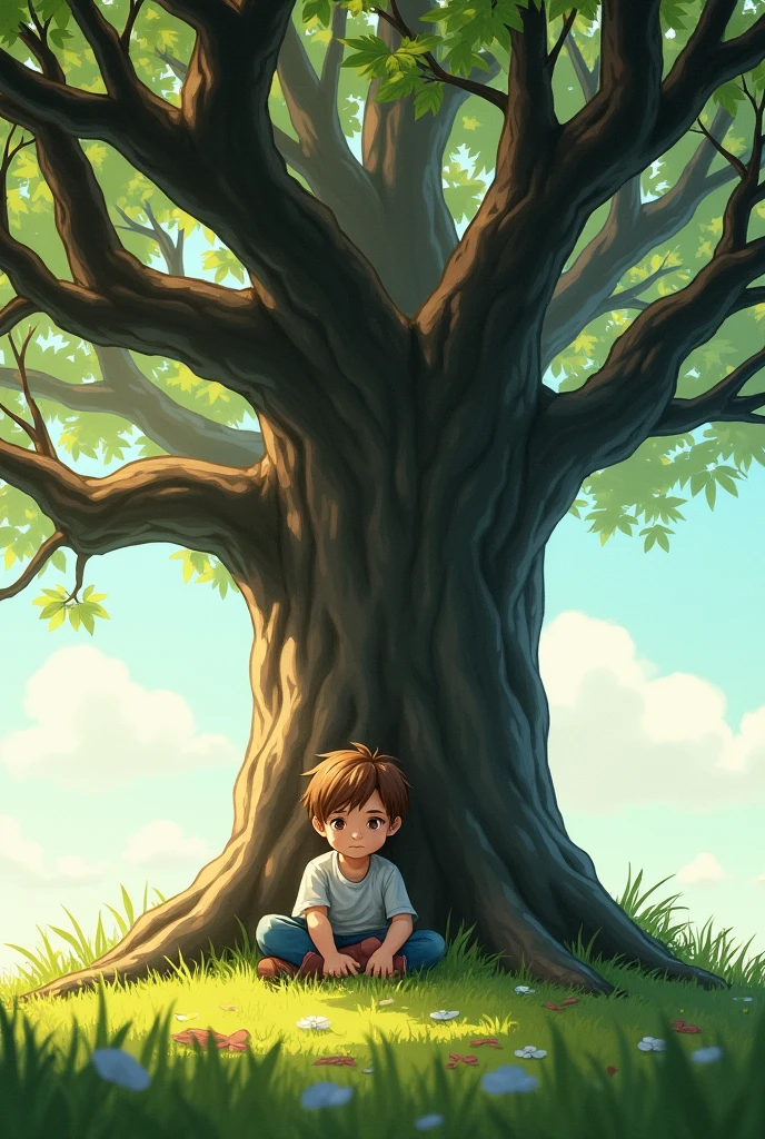 A six year old alone and thoughtful, with an imaginative look under the shade of a tree that has no fruit, fruits or flowers