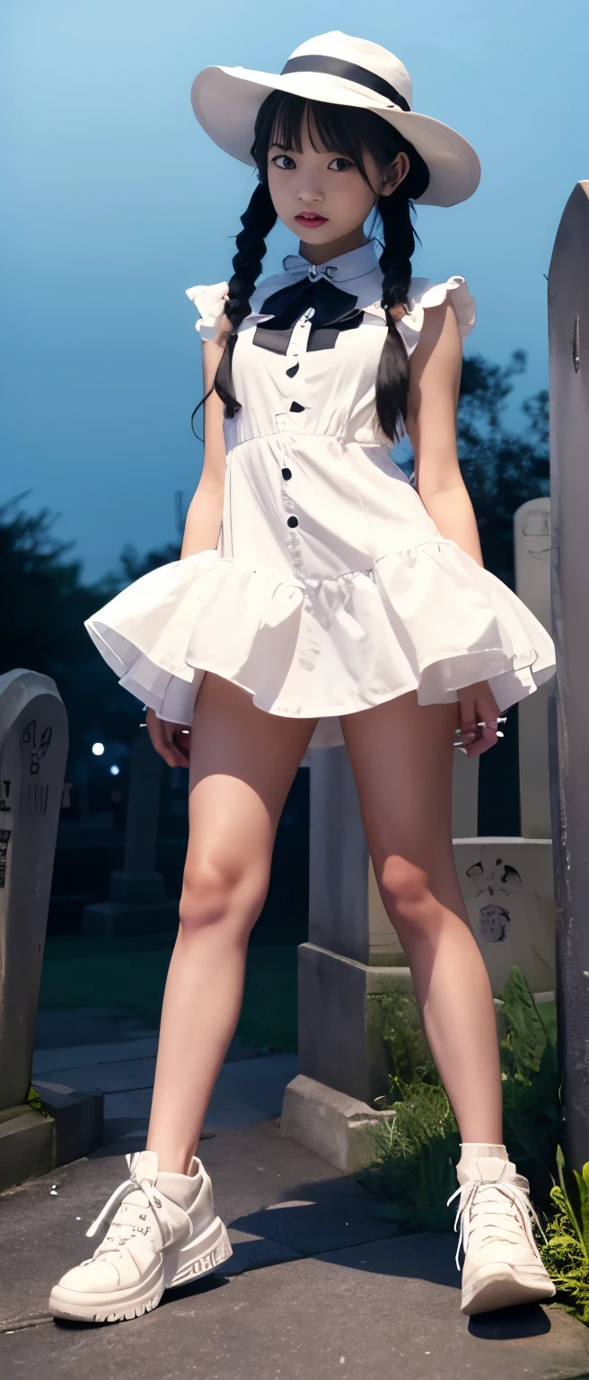 Cool idol girl、whole body、Good style、、、、、、、、、、Thick legs、Cool Ghost Summer Mini Dress(white、Summer Hat)、Cool girl face、、、A graveyard glowing at night、Skeletons are dancing、Pigtails