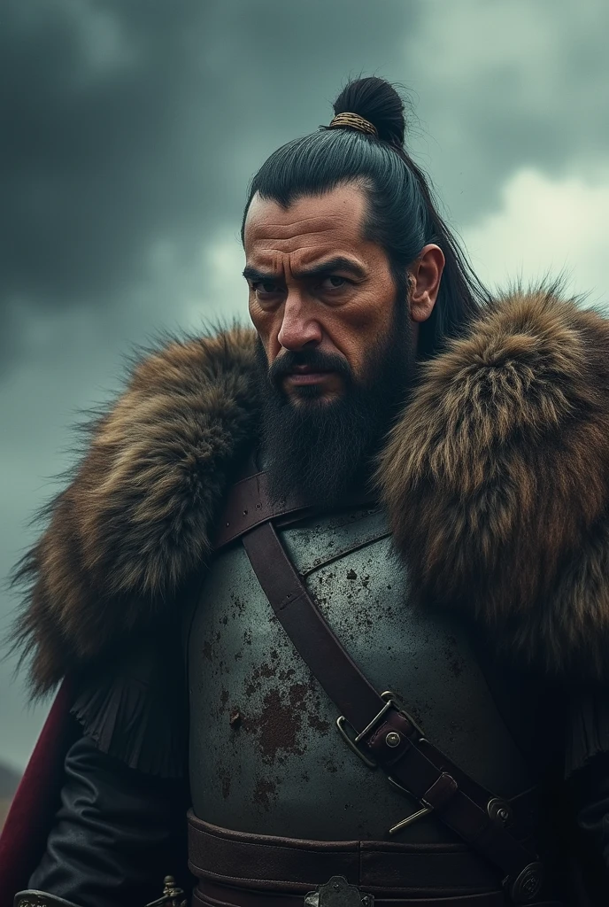 a mighty warlord, cinematic portrait of genghis khan, detailed facial features, piercing gaze, rugged and weathered face, fur-trimmed armor, dramatic lighting, epic scale, dramatic clouds, cinematic composition, highly detailed, photorealistic, 8k, masterpiece