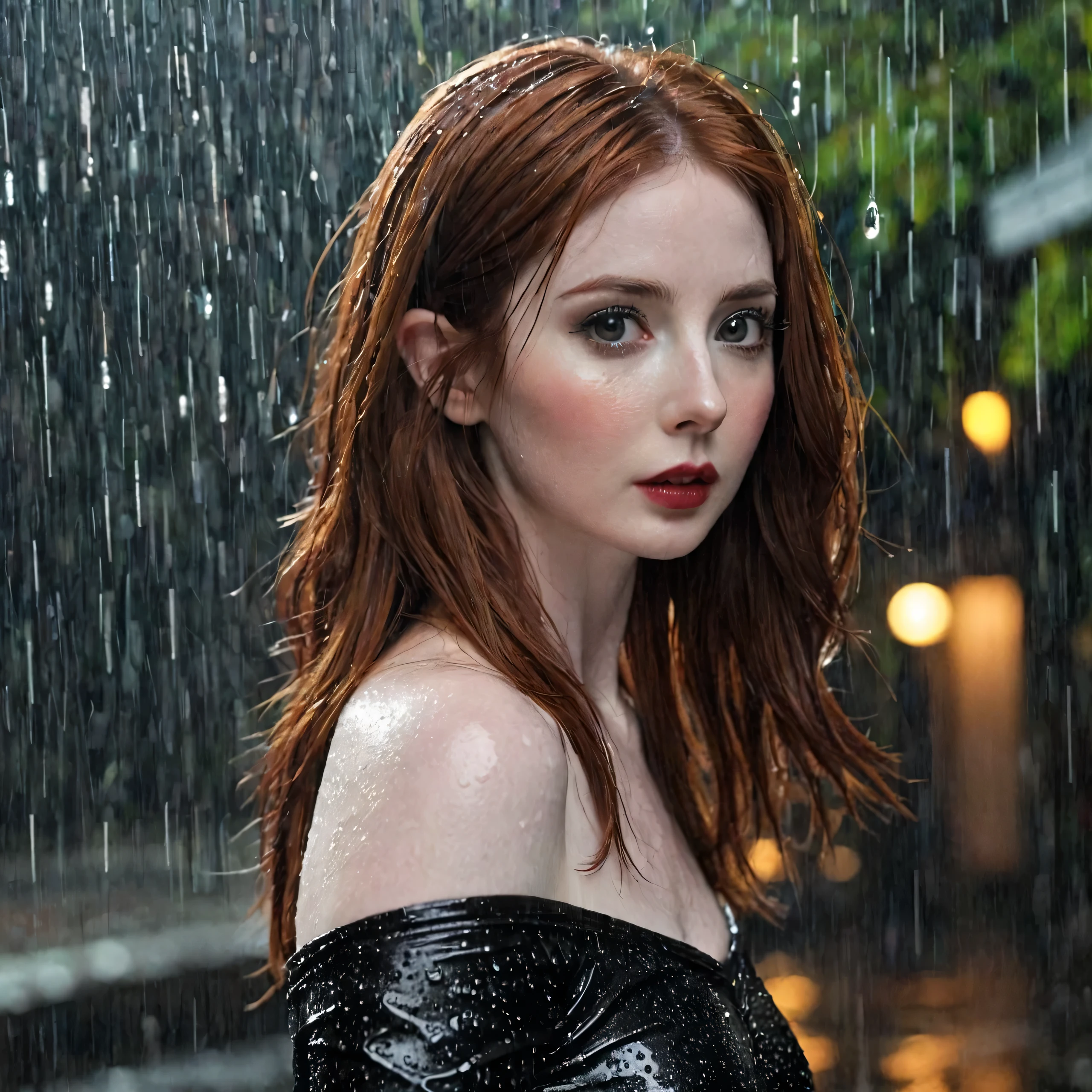 “Um close de Karen Gillan, shorth hair, body skinny, narrow waisted, (abdomen:0.7), out in public in a German city ((at night under a torrential downpour)) com leggings de spandex e top branco transparente (smoky dark eyes and lipstick ) with a thoughtful expression, wearing a dark, off the shoulder dress and a single, statement jewelry, The background should be out of focus and feature soft, warm tonesâ (soggy) (hair wet, body soaking wet, wetclothes)