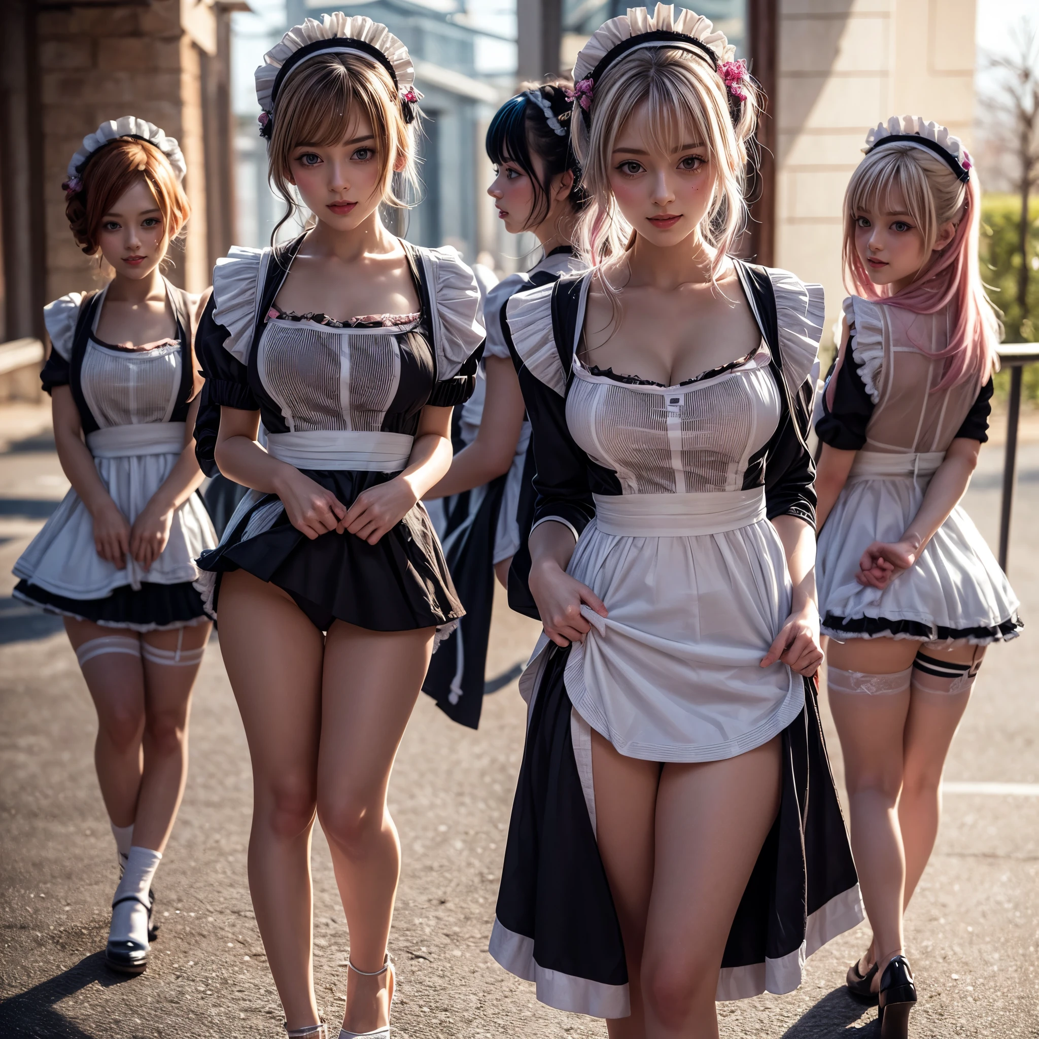 (Full Body of Extremely Detailed((Kawaii Maid Group in a row:1.37))), Cute perfect face, Reflective Eyes, Detailed(Delicate Clothing textures), Correct Leg Line, Dynamic Joyful Expressions LifeLike Rendering, Specular Reflection, TopQuality 8K Ultra-detailed masterpiece (ProfessionalPhoto:1.37), (Acutance:0.8), (Luminism:1.28), (Renaissance art style), Colorful Light particles, ((Full body from side)), {MicroMini Skirt|Kissing|Breast Lifting|Undressing|Thigh Gap|AssFocus}, Radiant Fine Skin with Transparency, (Exposed:0.5), (Different types of Anime hair color){Pink Hair|Blue Hair|Platinum Blonde|Pure White Hair|Liquid Hair}, Perfect Lighting