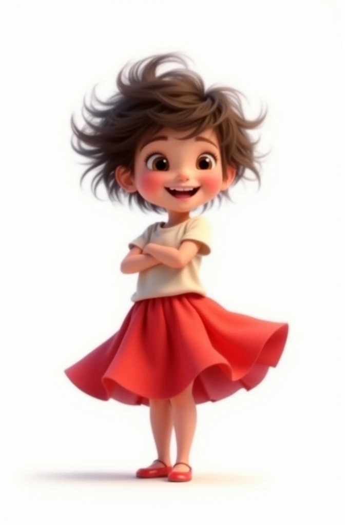 a happy cute ??? standing short hair,red skirt, , white background, barnet, tom, Pixar-style, ....3d, Cartoon s, face detailed, asymmetrical 16k