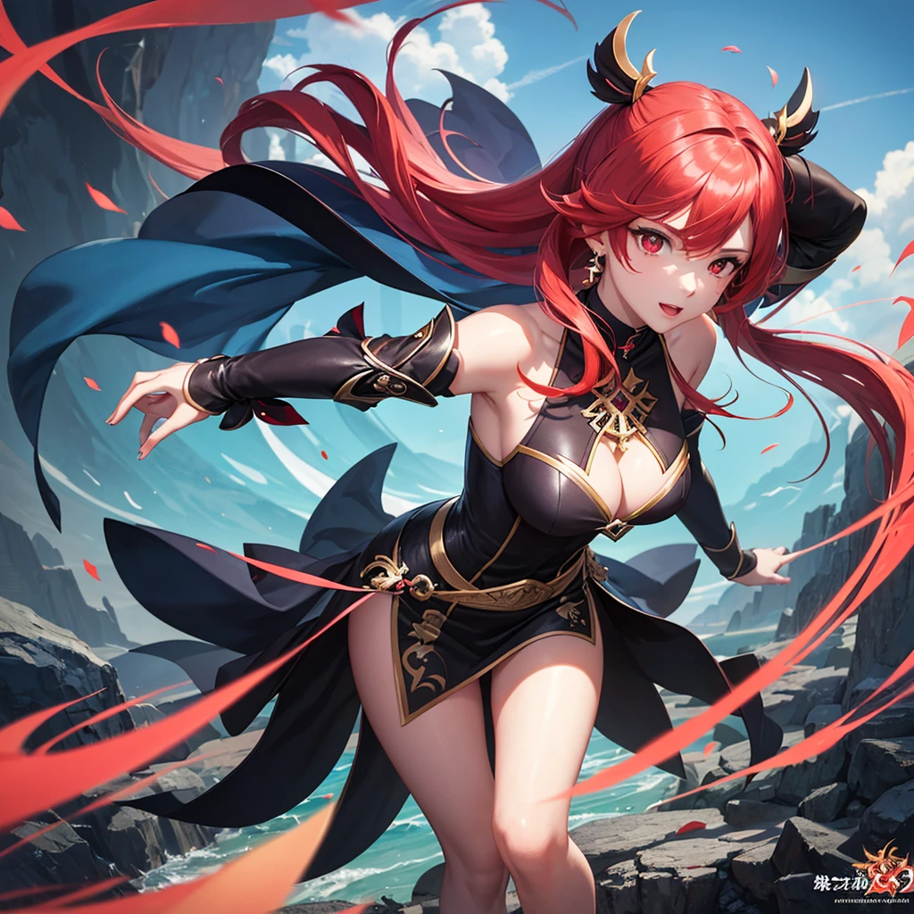 woman with long red hair and armor, red eyes, ayaka genshin impact, ayaka game genshin impact, zodiac knight girl portrait, female protagonist, Kushard Krenz key art feminine, valentine shuffle, genshin impact character, Genshin, That's Right, Artgerm and Ati Gairan, Portrait Knight Female,cowboy shot,(full body:1.5, 1 girl, solo focus)