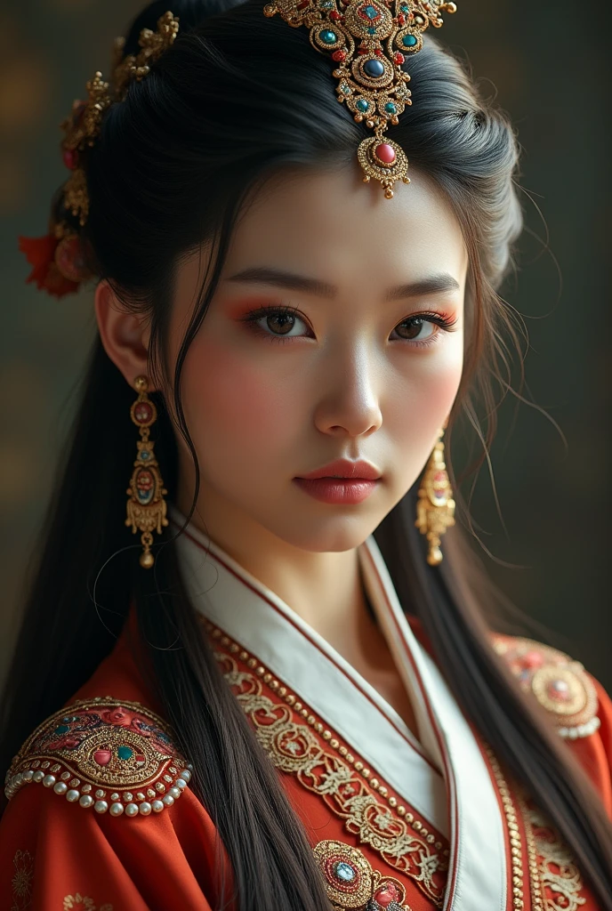 a female portrait of Genghis Khan's daughter, ornate traditional Mongolian clothing, intricate jewelry, beautiful detailed eyes, beautiful detailed lips, extremely detailed face, long eyelashes, serene expression, dramatic lighting, cinematic composition, muted color palette, fantasy digital art, (best quality,4k,8k,highres,masterpiece:1.2),ultra-detailed,(realistic,photorealistic,photo-realistic:1.37)