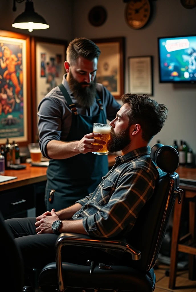 Bearded man, cuting the hair of a man playing ps4 and drinks beer