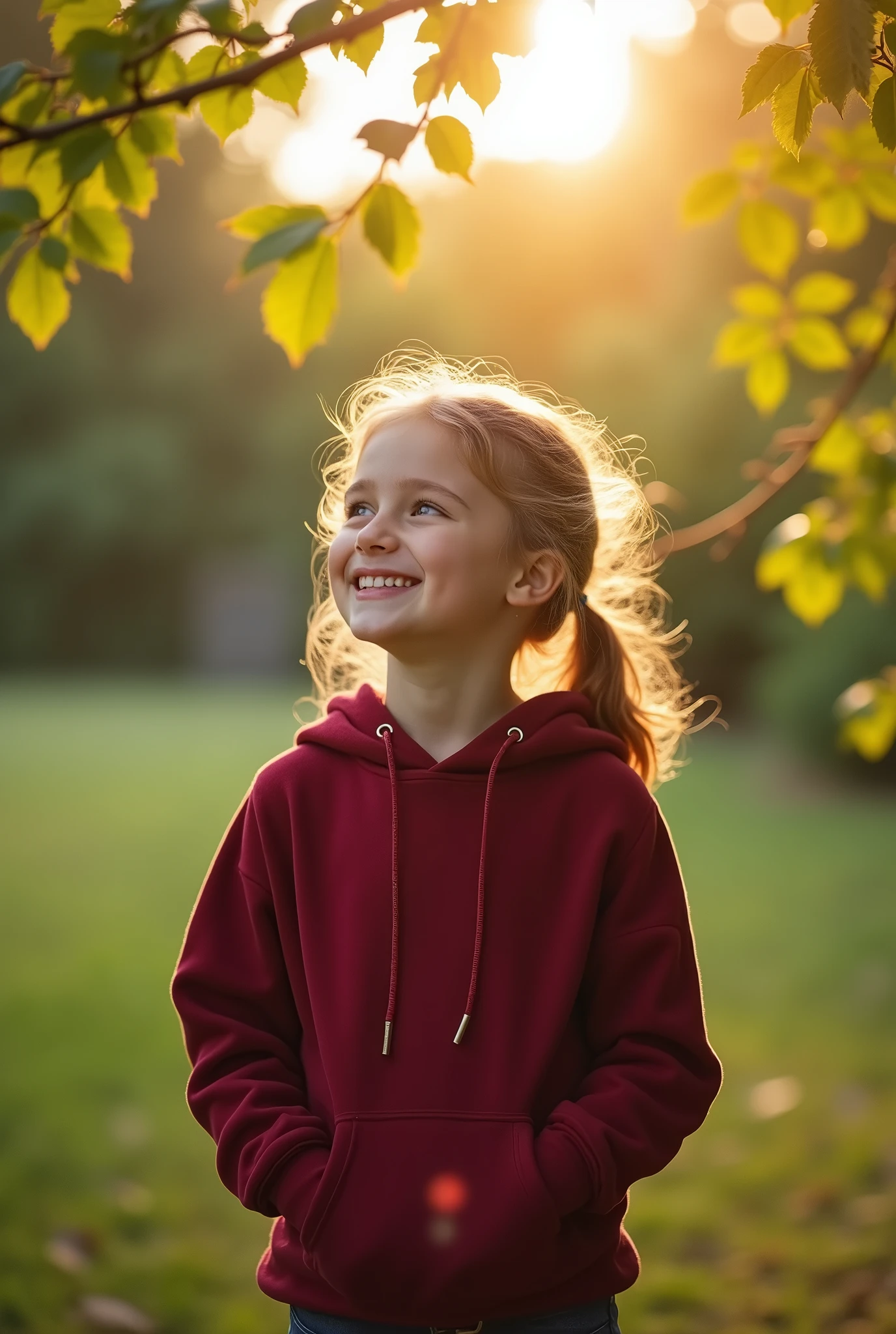 masterpiece, best quality, ultra detailed, highest resolution, photo, realistic photo, award winning photo, 1 girl, wearing Wine Red Drawstring Hoodie, outdoor, perfect lighting, full HD