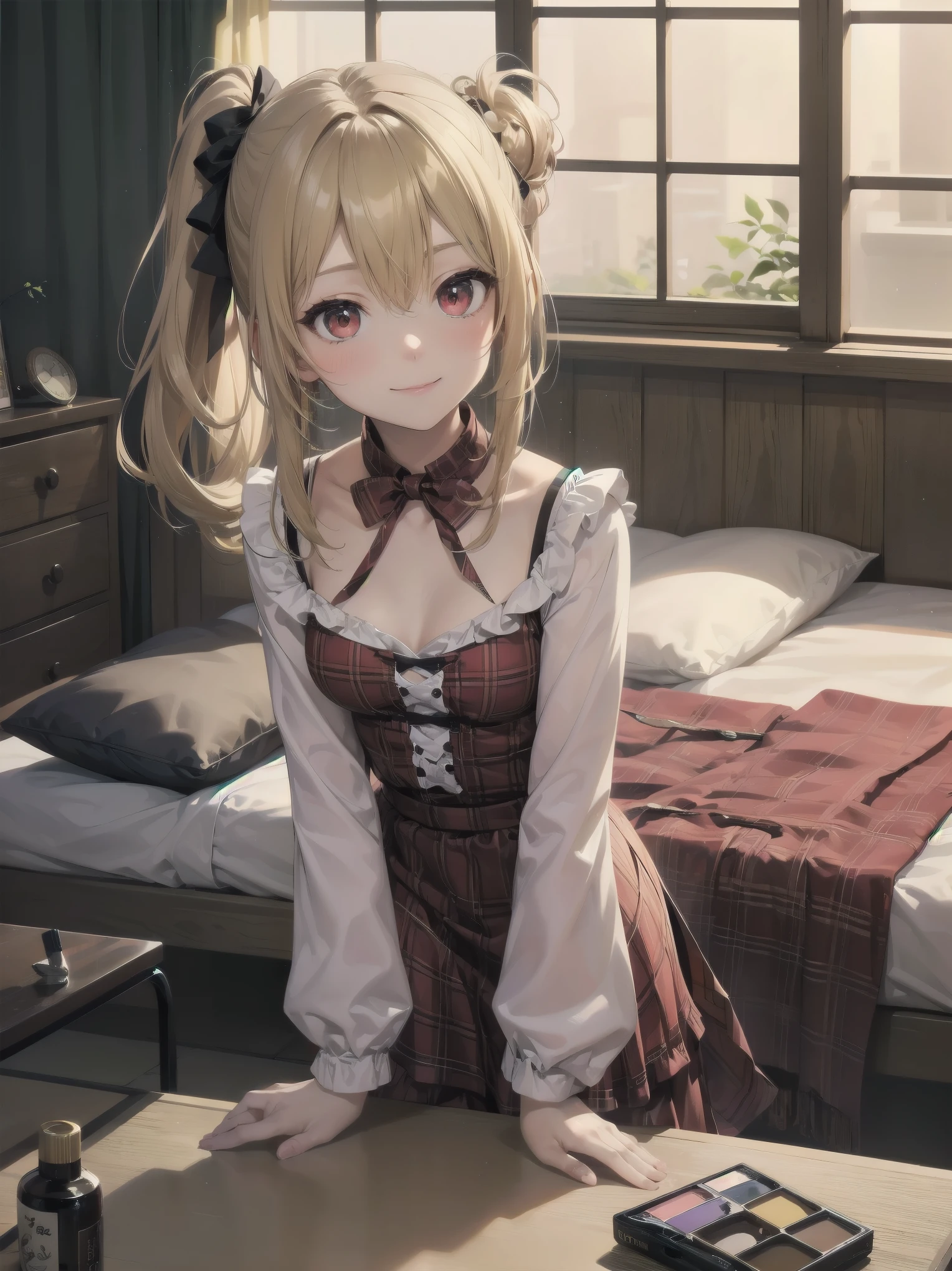 Girl in cute pose, (Masterpiece: 1.3), (Best Quality: 1.2), close-up of one beautiful girl, super hyper-detailed illustration,
BREAK
(Body type: girl, small breasts, slender,) charisma by nature,
BREAK
(Face: outstanding looks, mature beauty, ruby red eyes,)
BREAK
(Hairstyle: ponytail, long hair that ends around her chest, layers around her face, not much in the rest of her face. The rest of the hair is not so layered, giving the impression of a heavy haircut. The hair is smooth and straight, and the bangs are long enough to cover the eyes. They are parted and down so that the forehead is slightly visible. The key point is that both ends of the bangs are slightly cut to a length around the cheekbones. Blonde hair. (Lighter hair color than so-called brown or brown hair, half-up hair style tied on one side, left side half bunches or side ponytail),
BREAK
Less revealing dresses, plaid printed splicing dresses, vintage long-sleeved bodycon dresses,
BREAK
Bending forward, arms crossed behind the back, smiling, silky hair
BREAK
Background: warm room with wood grain and green, 7 tatami 1K natural interior, cosmetic table, bed, futon, cushion, chair, accessories, curtains, cute girlish room