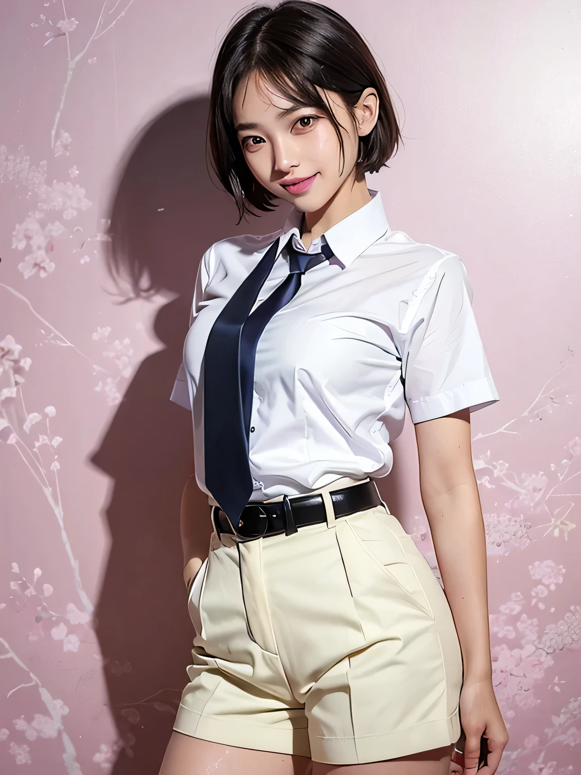 (Highest quality、8k、32K、masterpiece、Hmph:1.2)、(masterpiece, Highest quality), Realistic photos, high school girl、、Short Bob Cut、Instagram, Bright colors, High Dynamic Contrast, Slender figure、thin、Small, shapely breasts、One person, Purple eyes, Lips parted, blush, compensate, 軽いsmile, Blue tie、White short-sleeved shirt、sexy、((exy、Sweat, Wet, light, Shine, Tight waist, (masterpiece), Pink Wallpaper,smile、