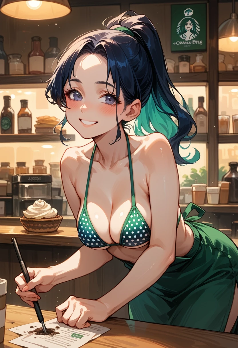 score_9, score_8_up, score_7_up, score_6_up, anime_source, thicc barista, from front, in a bar, dotted bikini, ponytail, wide hips, big booty, cleaning a table, bending forward, smiling, blushing 